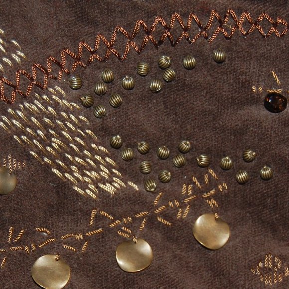 David & Scotti Brown Leather & Soft Material Small Purse W/ Embroidery& Beads - Picture 7 of 16